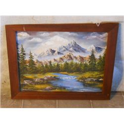 WOOD FRAMED OIL ON CANVAS MOUNTAIN RIVER