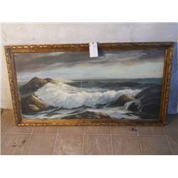 WOOD FRAMED OIL ON CANVAS WATER CRASHING ON ROCKS