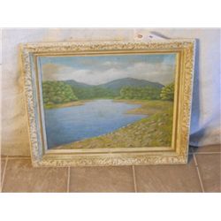 WHITE WOOD FRAMED OIL ON CANVAS RIVER PAINTING