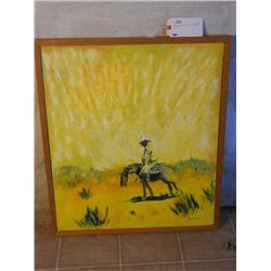 WOOD FRAMED OIL ON CANVAS MAN ON HORSE SCHUMAN