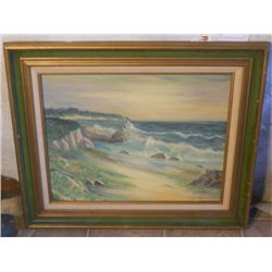 WOOD & CANVAS FRAMED OIL ON CANVAS TIDE CRASHING