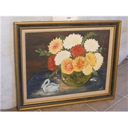 WOOD & CANVAS FRAMED OIL ON CANVAS CARNATIONS &