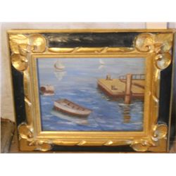 BLACK & GOLD WOOD FRAMED OIL ON CANVAS BOAT DOCK