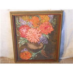 WOOD FRAMED OIL ON CANVAS FLOWER PAINTING
