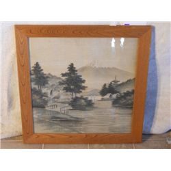 WOOD FRAMED CLOTH ART OF ORIENTAL VILLAGE