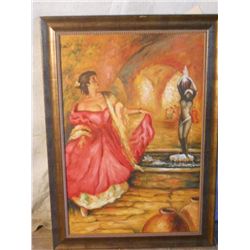 WOOD FRAMED OIL ON CANVAS BEAUTIFUL LADIE IN RED