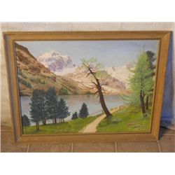 WOOD FRAMED OIL ON CANVAS LAKE TRAILS