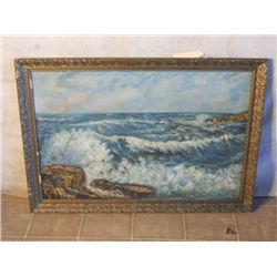 CARVED WOOD FRAMED OIL ON CANVAS OCEAN PAINITNG