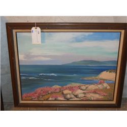 WOOD & CANVAS FRAMED OIL ON CANVAS SUNSET BEACH
