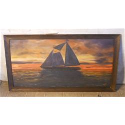 WOOD FRAMED OIL ON CANVAS SAILBOAT IN THE SUNSET