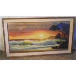 WOOD & CANVAS FRAMED OIL ON CANVAS NICE BEACH