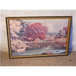 WOOD FRAMED LITHOGRAPH OF BOAT & SMALL DAM