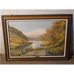 WOOD FRAMED OIL ON CANVAS THE BRIDGE FRANCIS LUTZ