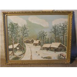GOLD WOOD FRAMED OIL ON CANVAS MT. VILLAGE 1975