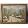Image 1 : GOLD WOOD FRAMED OIL ON CANVAS MT. VILLAGE 1975