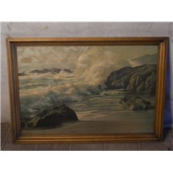 WOOD FRAMED OCEAN LITHOGRAPH W/ COATING
