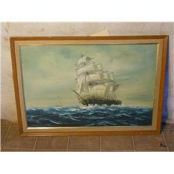 WOOD & CANVAS FRAMED OIL ON CANVAS CAPTAINS SHIP