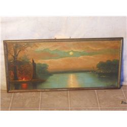 WOOD FRAMED OIL ON CANVAS CAMPFIRE BY RAZE