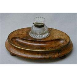 Oval Victorian burr walnut brass bound ink st