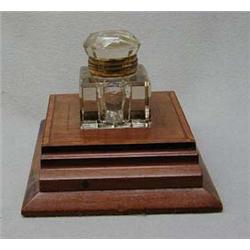 Square mahogany inlaid ink stand with cut gla