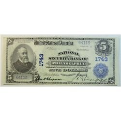 1902  $5 National currency National Security Bank of PHIL.  CU63/64