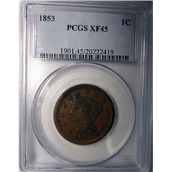 1853 LARGE ONE CENT PCGS XF-45