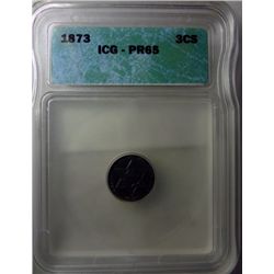 1873 THREE CENT SILVER ICG PROOF65, GEM! SUPERB COLOR! RARE, LOW MINTAGE PROOF