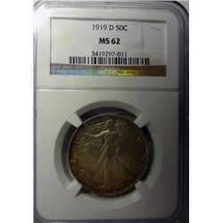 1919-D WALKING LIBERTY HALF DOLLAR NGC MS62, RARE! RARE! VERY SHARP STRIKE