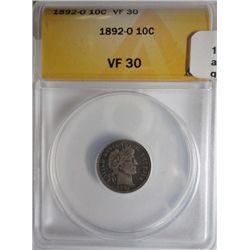 1892O Barber dime  ANACS 30