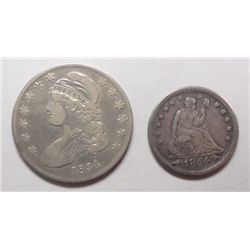 2 Type Coins 1834 Bust Half $ VF, 1854 w/arr seated Quarter VF/XF