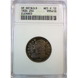 1834 BUST QUARTER ANACS VF LIGHT CLEANING