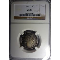 1892 BARBER QUARTER NGC MS64 RAINBOW COLOR!