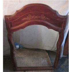 LARGE WOOD FRAMED MIRROR, CARVINGS ON TOP