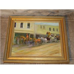 Gold Framed, Signed Horse Drawn Wagon