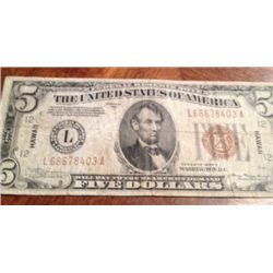 1934 Series WWII $5 Hawaii Silver Certificate Emergency Currency