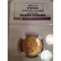 1843-C CHARLOTTE MINT VERY RARE $5 GOLD LIBERTY, NGC XF DETAILS