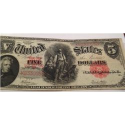 1907 $5 FIVE DOLLAR LEGAL TENDER NOTE WOODCHOPPER