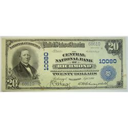1902 $20   National Currency  Central NB Richmond VA  XF/AU