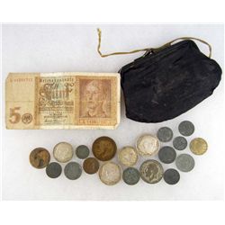 LOT OF GERMAN COINS IN VINTAGE COIN PURSE - SOME HAVE SWASTIKAS