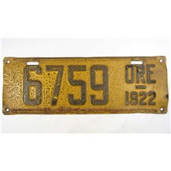 1922 OREGON AUTOMOBILE CAR LICENSE PLATE