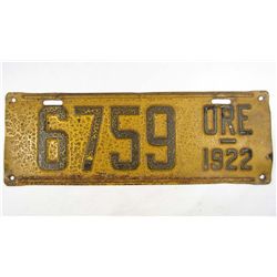 1922 OREGON AUTOMOBILE CAR LICENSE PLATE