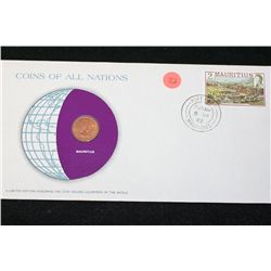 1975 Mauritius Foreign Coin; Coins of All Nations W/Postal Stamp Dated 1982