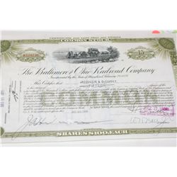 The Baltimore and Ohio Railroad Company Stock Certificate Dated 1938