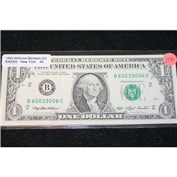 1993 US Federal Reserve Note $1; New York NY Reserve; Radar Note