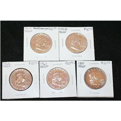 1958-1962 Ben Franklin Half Dollar; Proof; Lot of 5