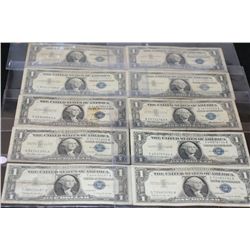 1935-1957 US Silver Certificate $1; Blue Seal; Lot of 10