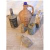 Wicker Bottle With Antique Bottles And Jar