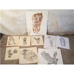 Western  Hand Drawn Pictures Of Saddles, Eagles,