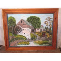 60"x49" Framed Oil Painting Of Water Wheel House