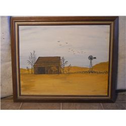 Wood Framed Oil On Canvas Barn & Windmill